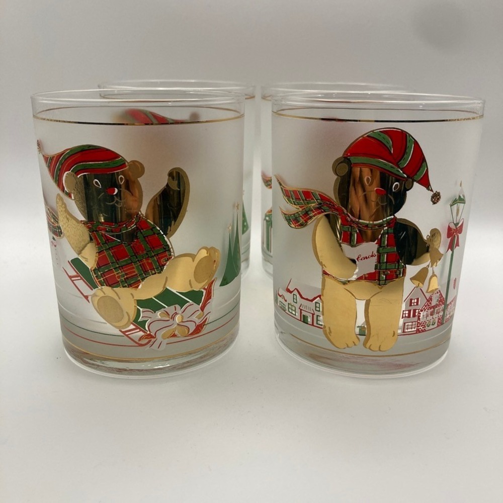 Vtg Culver Frosted Yule Bear Old Fashioned Glass Set of 4 22K‎ Gold USA